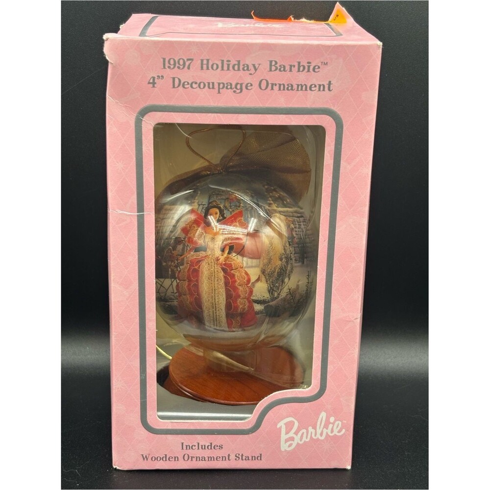 1997 Holiday Barbie 4" Decoupage Ornament w/ Wooden Ornament Stand w/ Box